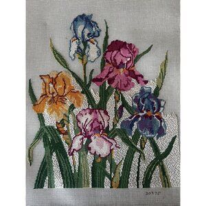 Hand-Stitched Needlepoint Iris Floral Canvas Art Unfinished w/ Materials & Bars